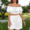 Custom Personalized Off Shoulder Ruffle Trim Crop Top & High Waist Shorts Set